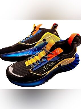PAIWEI Men’s Black & Blue Athletic Shoe - Yellow Accent - Size 13